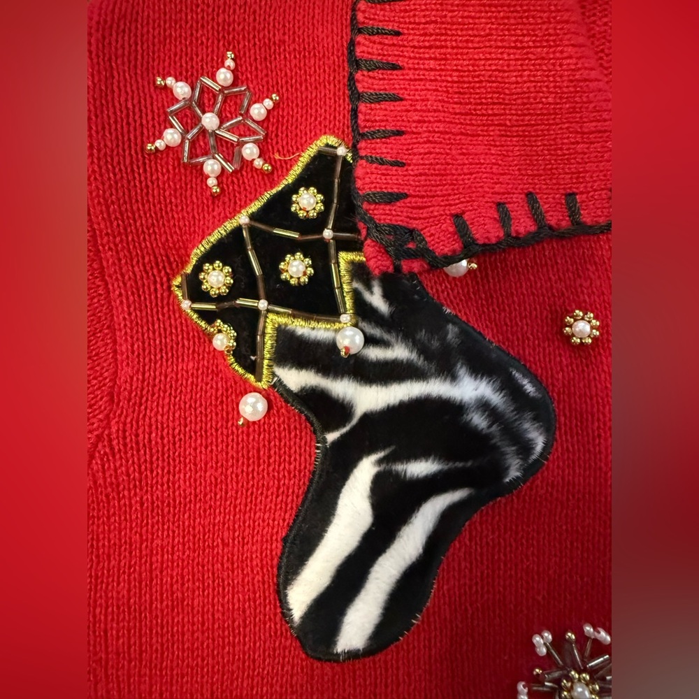 Vintage Nutcracker Christmas Cardigan Sweater Red Animal Print Stockings medium - Picture 10 of 16